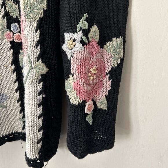 Vintage Maggie Lawrence Cardigan 80s Black Knit Flower Sweater Medium Read - Picture 3 of 16